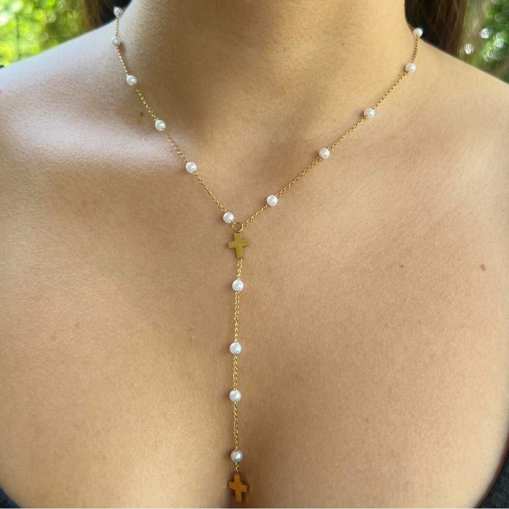 Rosary Pearl Cross Pendant Necklace 
*Adjustable*